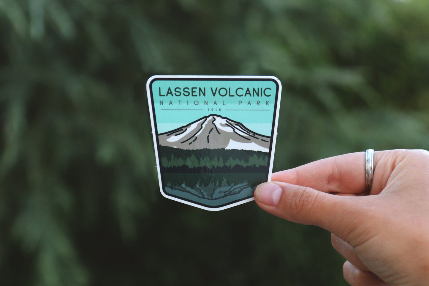 Held farther back by a hand with a silver ring, the Lassen Volcanic National Park sticker sits small against green branches.