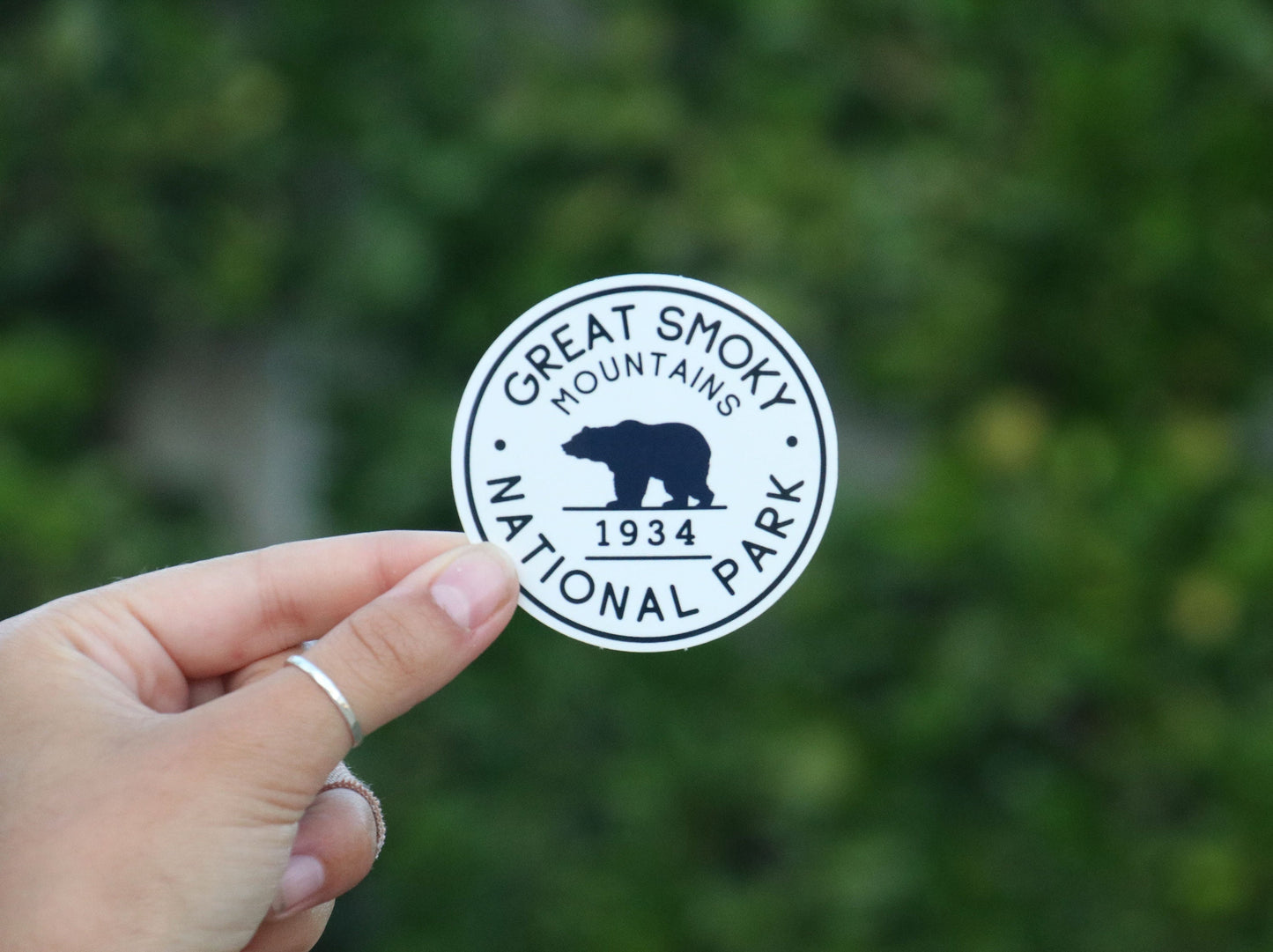 Held further back from the blurred hedge, the Smoky Mountains National Park Bear sticker shows its 1934 mark.