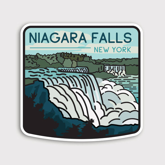The Niagara Falls sticker sits on a plain grey background, waterfalls and pale blue sky under bold lettering.