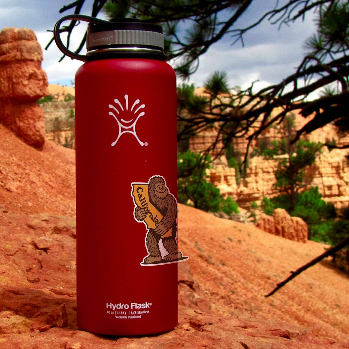 A red Hydro Flask wears the Bigfoot Loves California sticker among red rock hoodoos and pine branches.