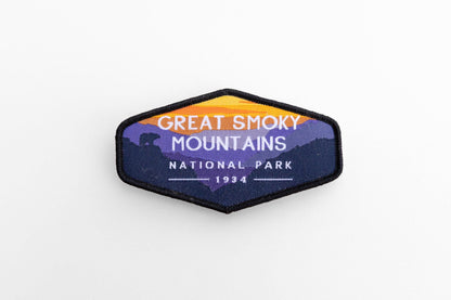Laid flat and straight on white, the Great Smoky Mountains National Park patch reads 1934 under the peaks.