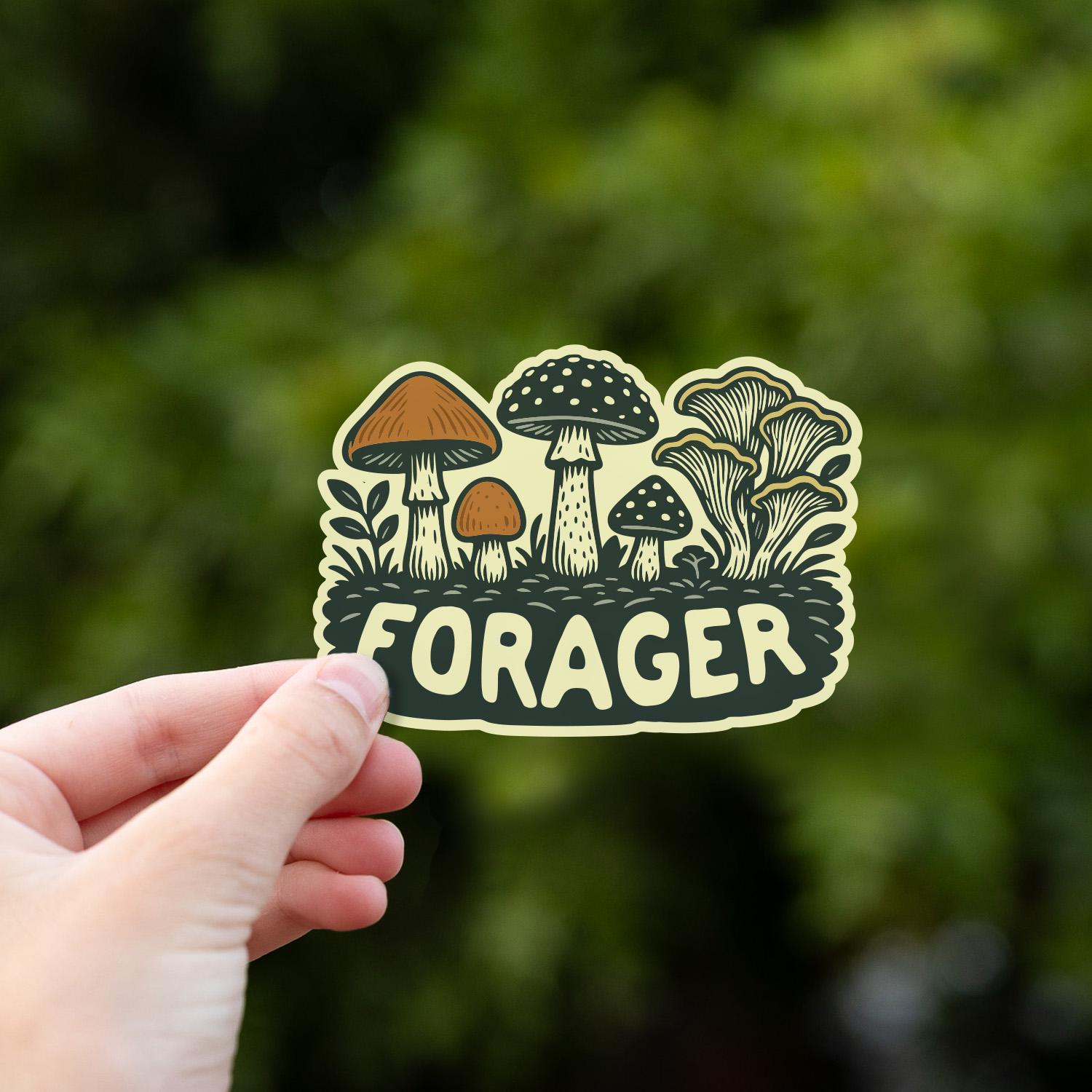 Fingers grip the lower edge of the Forager Mushrooms sticker with a green tree canopy behind.
