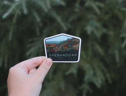 Farther back among the same pine branches, a hand pinches the Shenandoah National Park sticker with 1935 below the name.