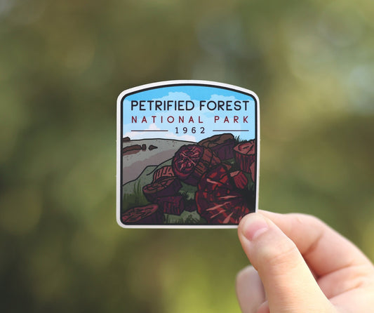 Tilted slightly lower in the hand, the Petrified Forest National Park sticker shows its 1962 date and blue sky.