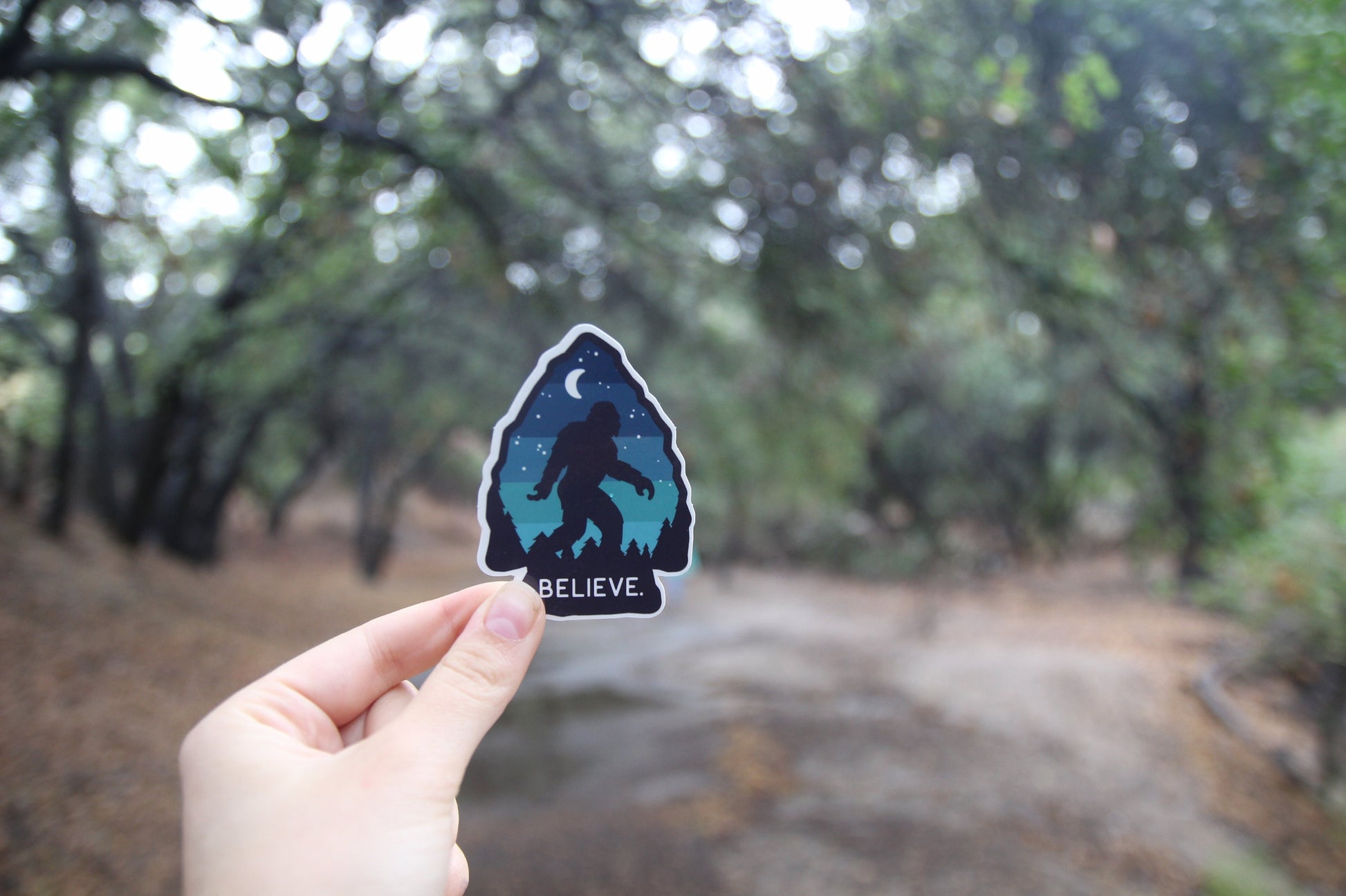 On a dirt trail lined with oaks, a hand extends the Bigfoot Believe sticker toward the camera.