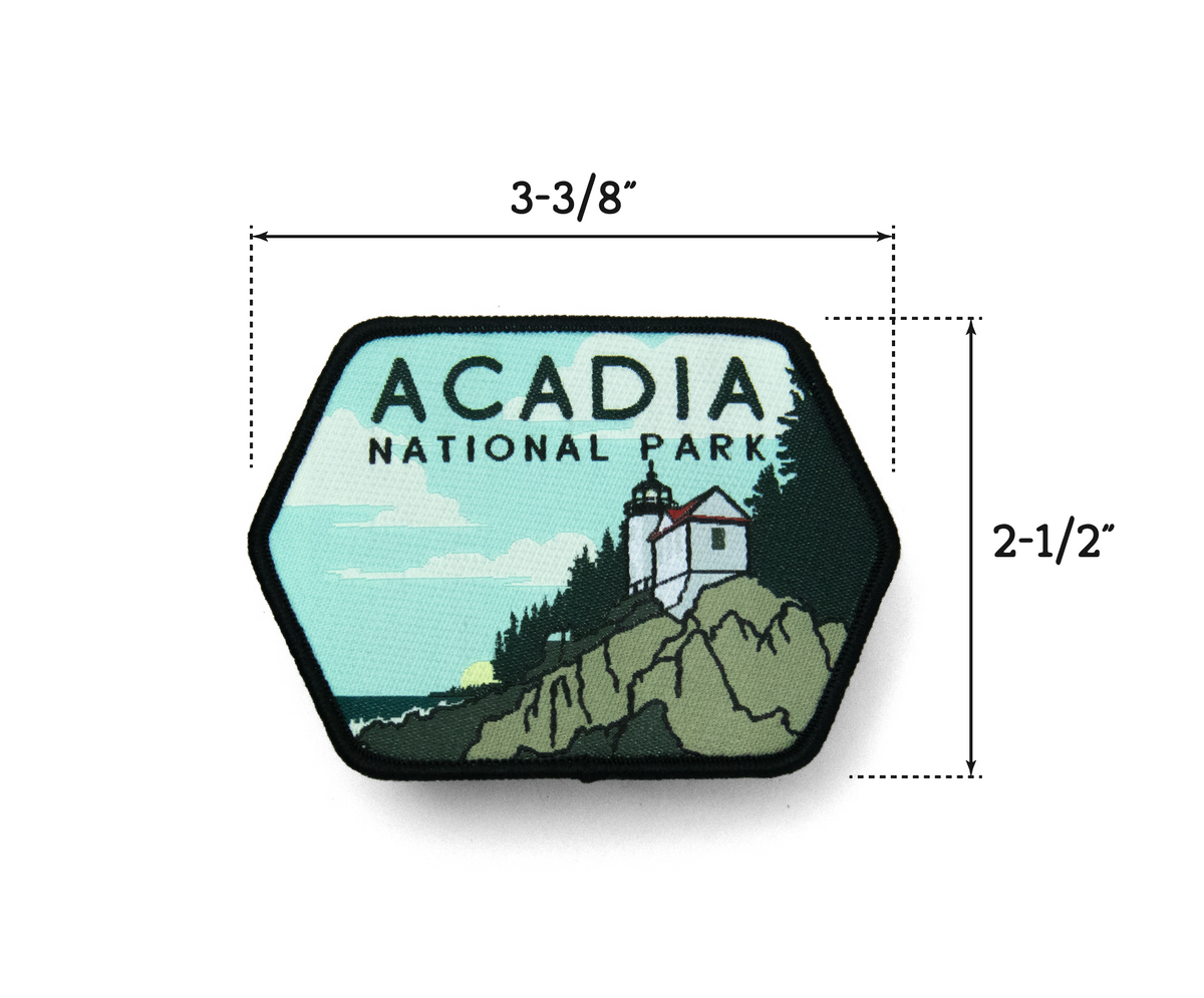 Measurement guide marking the patch at 3 3/8 inches wide by 2 1/2 inches tall.