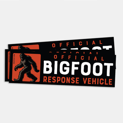 Two overlapping Official Bigfoot Response Vehicle bumper stickers show the striding sasquatch icon on an orange square.