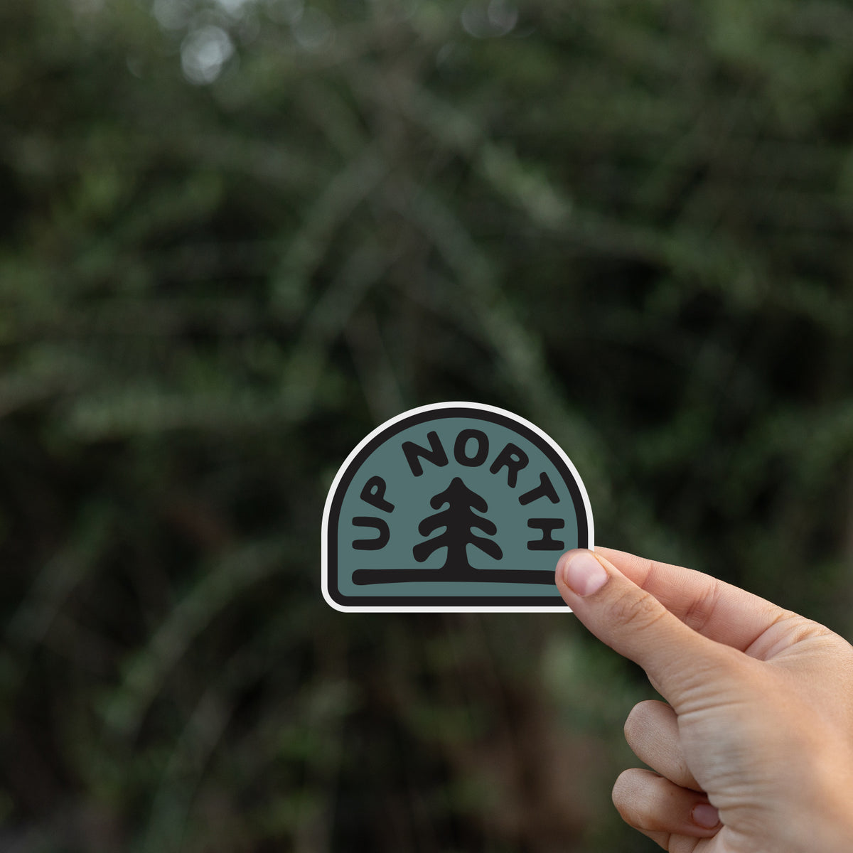 A hand holds the Up North sticker up against a blurred backdrop of dark green leaves.