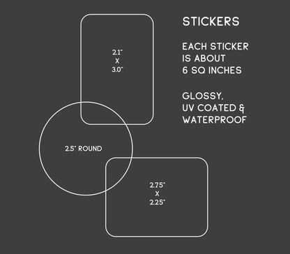 Size chart listing sticker dimensions of 2.1 by 3 inches, 2.5 inch round and 2.75 by 2.25 inches, glossy and waterproof.