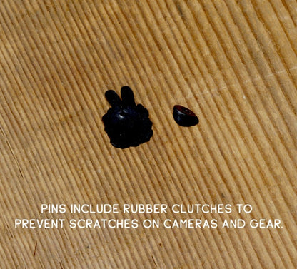 Back view on wood grain, the pin post beside its rubber clutch with text about preventing scratches.