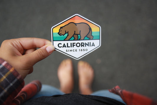 Looking down past bare feet on pavement, fingers hold the California State Bear sticker near a flannel sleeve.