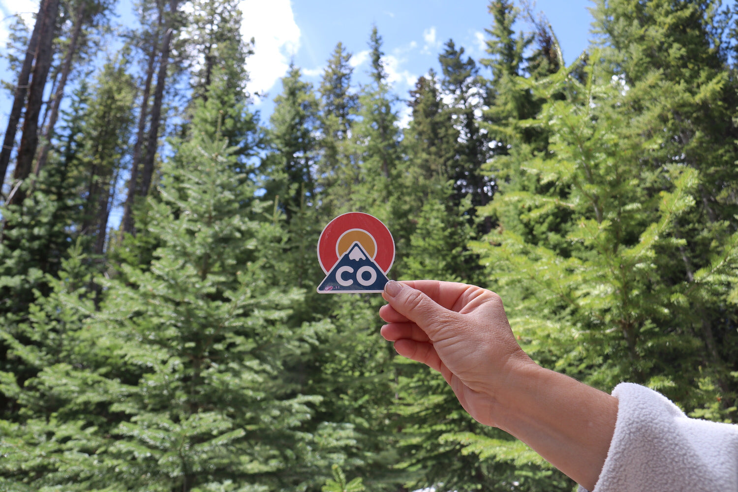 Raised toward tall pines and blue sky, the Colorado Triangle sticker looks small in an outstretched hand.